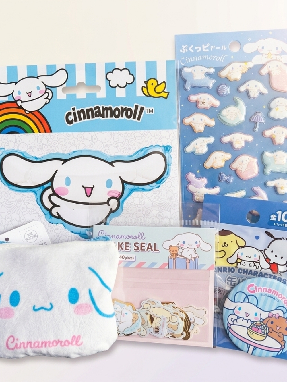 Sanrio Cinnamoroll Bundle Plush Pouch Stickers and Foil Balloon 5pc